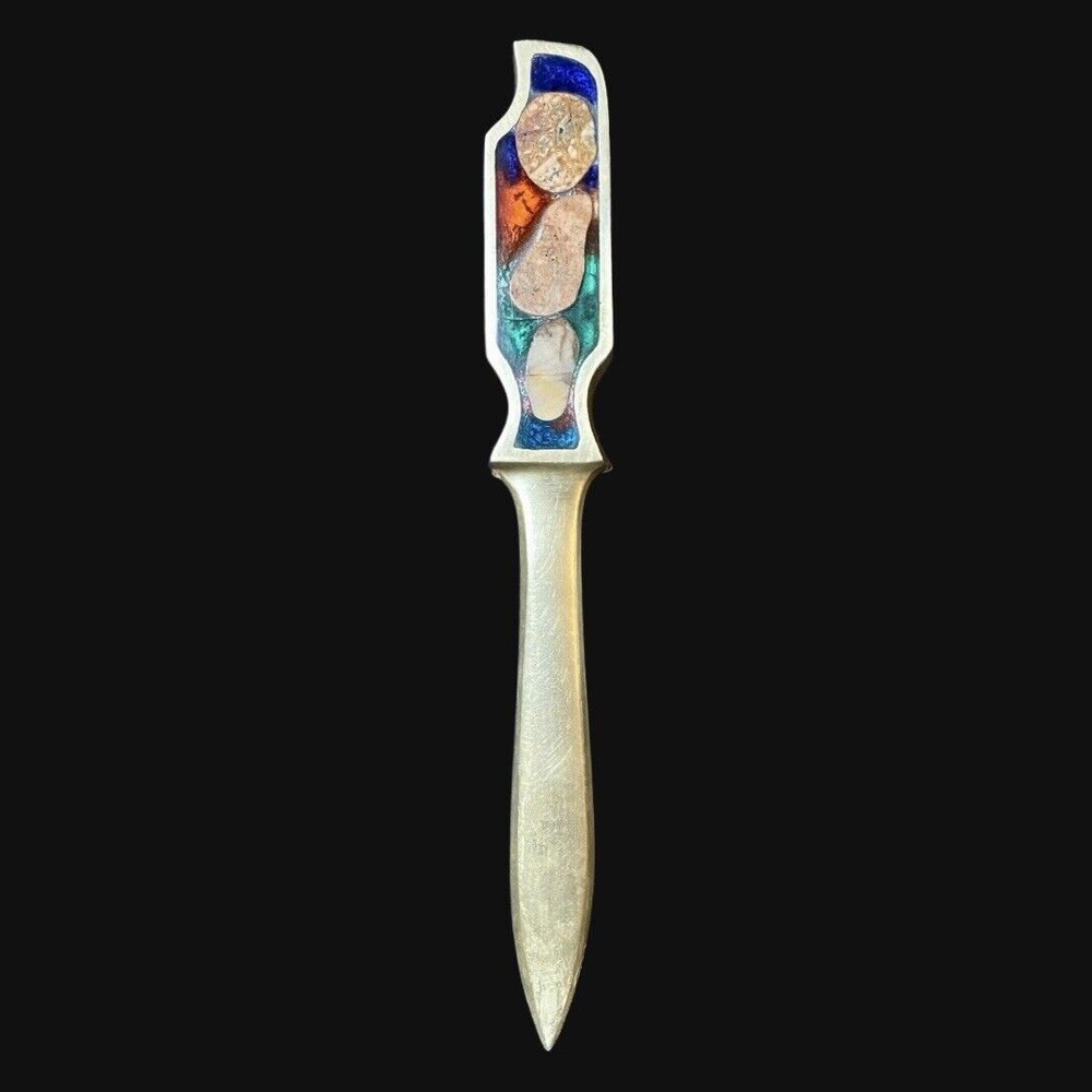 Vintage Letter Opener Brass & Inlaid Natural Stone ￼Cast In Jewel Colors 7” MCM